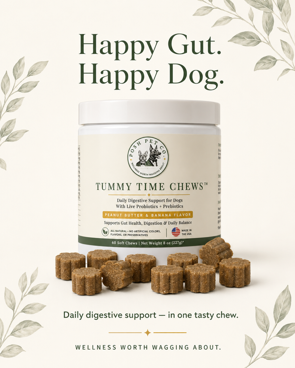 Tummy Time Chews product highlight with peanut butter banana styling