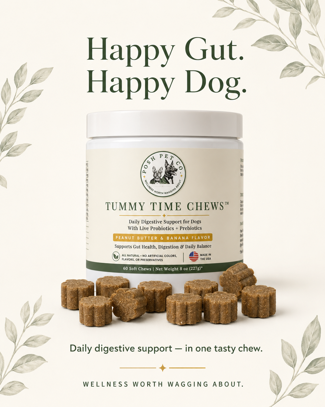 Tummy Time Chews product highlight with peanut butter banana styling