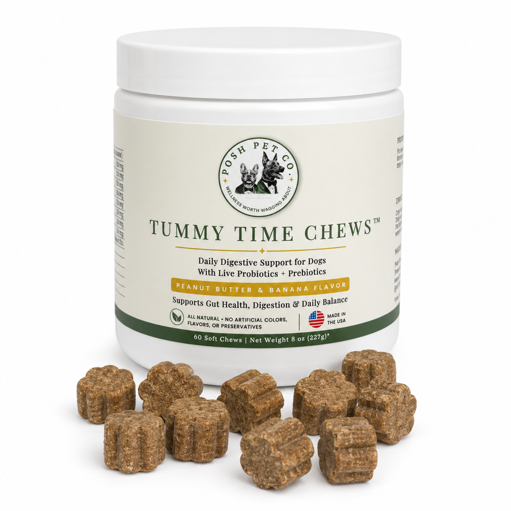 Tummy Time Chews front label — daily digestive support for dogs with live probiotics and prebiotics