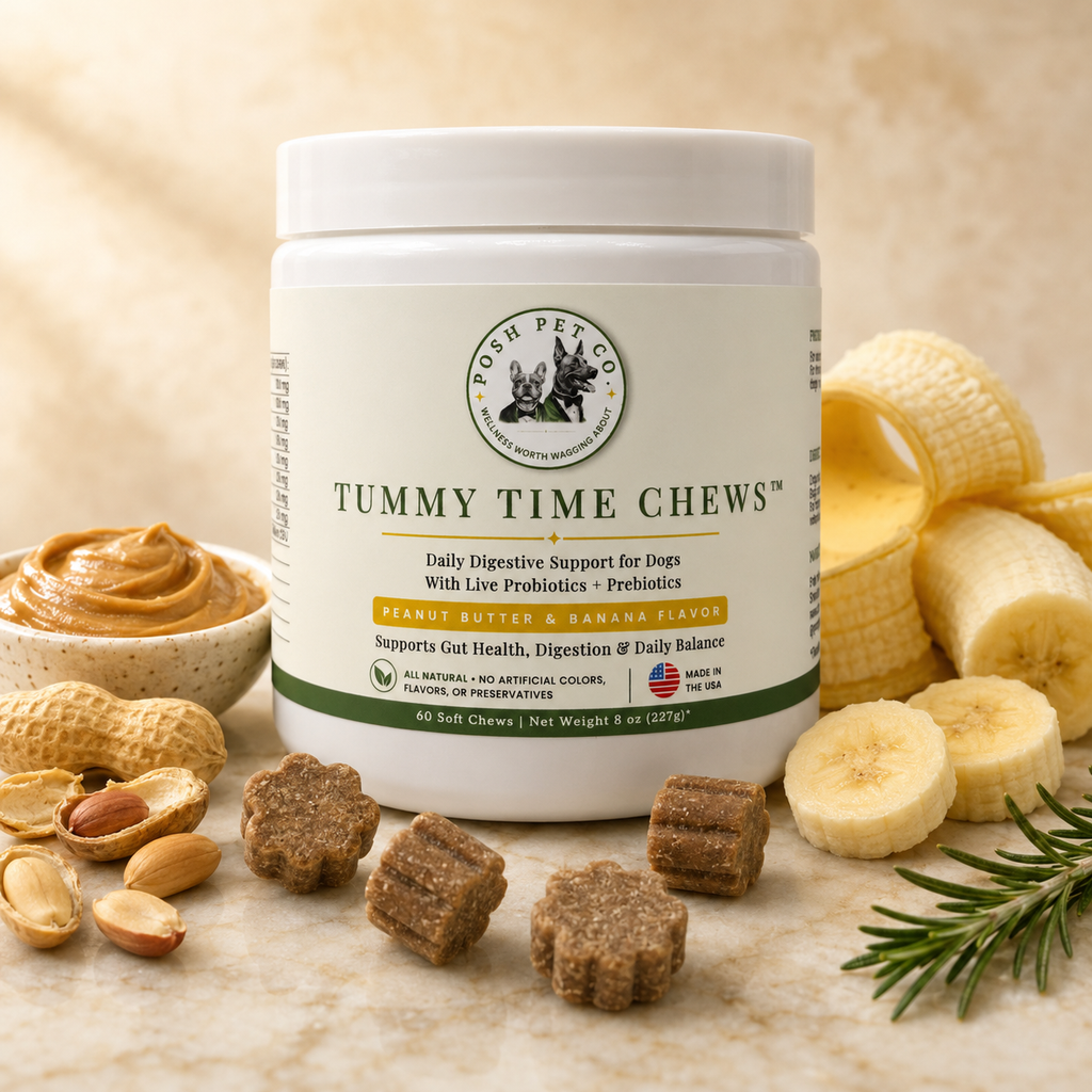 Tummy Time Chews peanut butter and banana flavor — natural ingredients dogs love