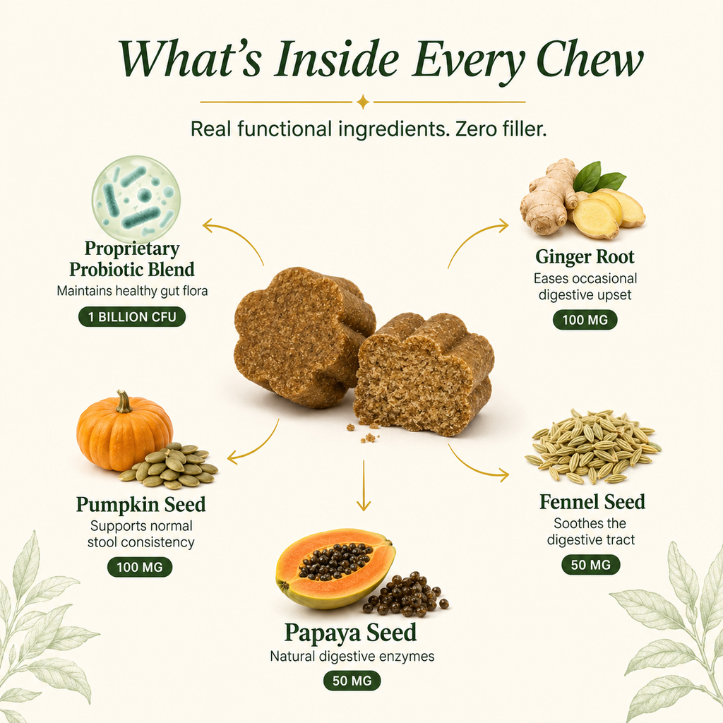 What's inside every chew — probiotic blend, ginger root, pumpkin seed, papaya seed, fennel seed
