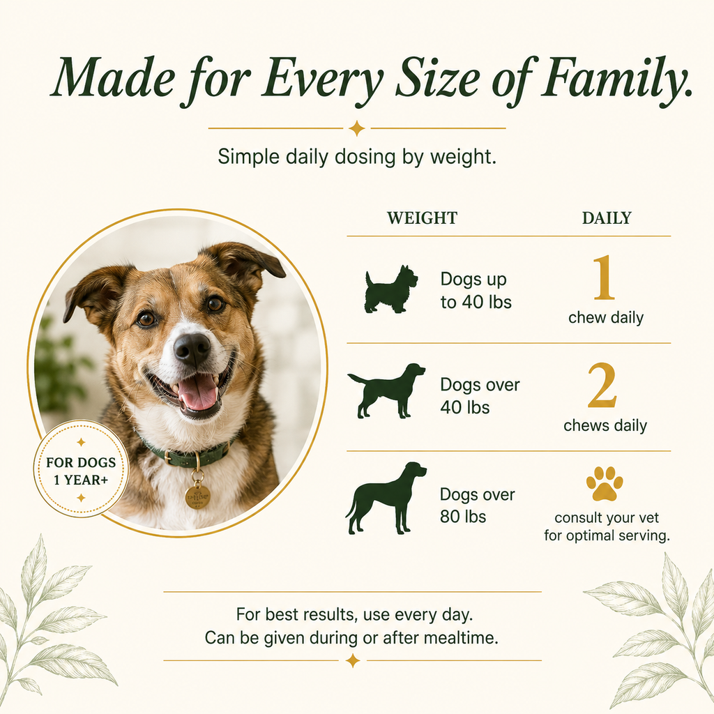 Tummy Time Chews daily dosing chart by dog weight
